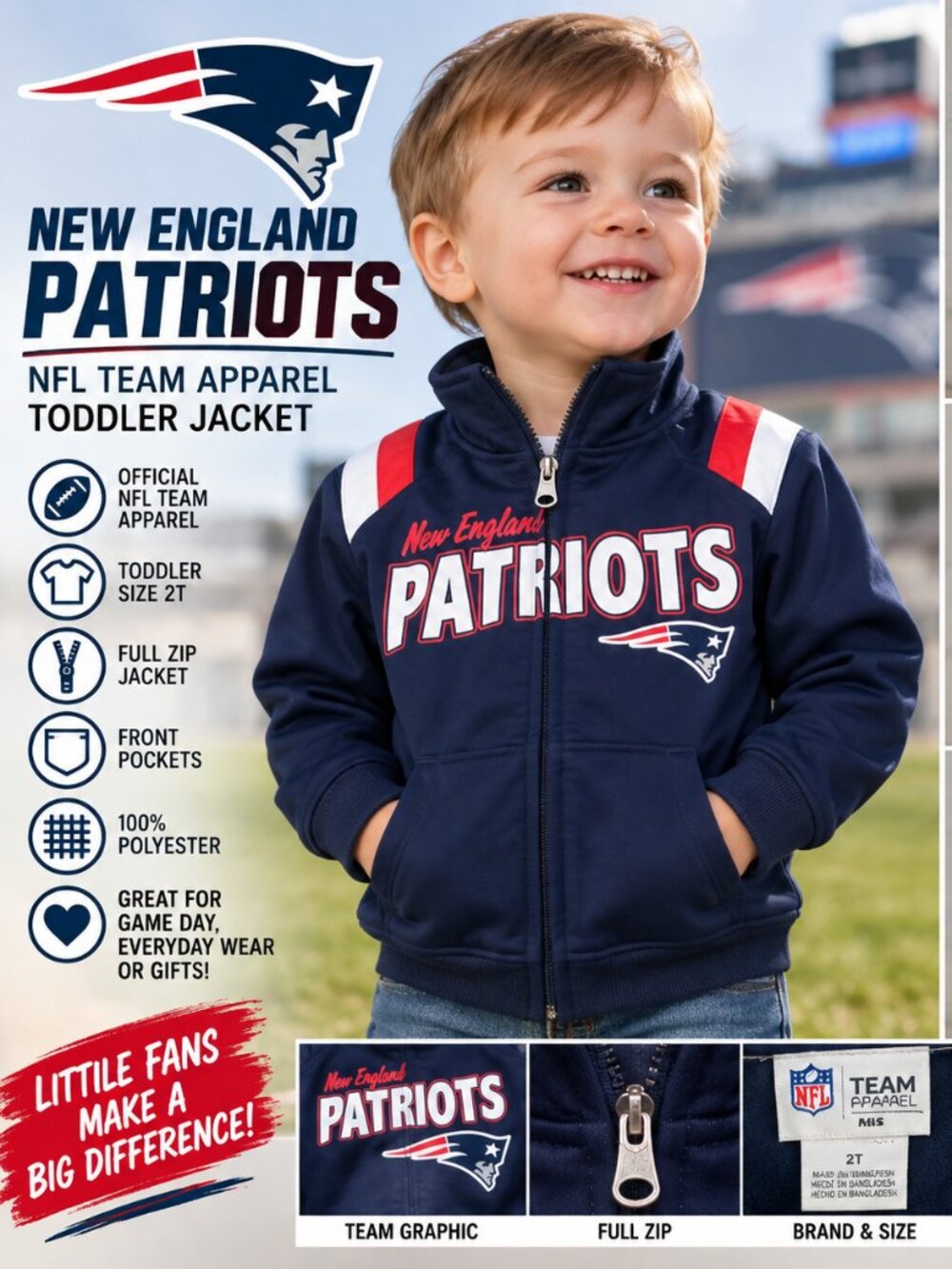 New England Patriots NFL Team Apparel Toddler 2T Full Zip Jacket